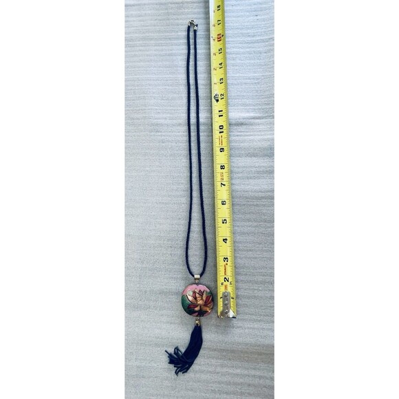 Vintage Cloisonné Pendant Necklace 1.75" w/ Tassel on 30" Navy Cord Boho - Picture 5 of 8